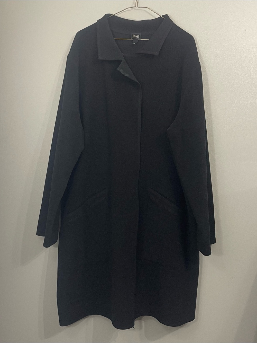 Eileen Fisher Open Front Long Coat Womens XL Black Wool Long Sleeve Duster USA
